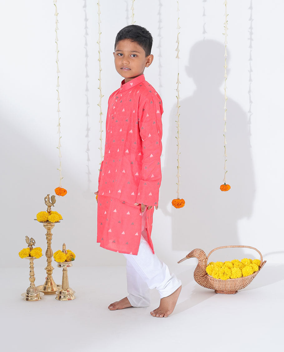 Pink triangle motifs full-sleeve raw-silk kurta with contrast pants