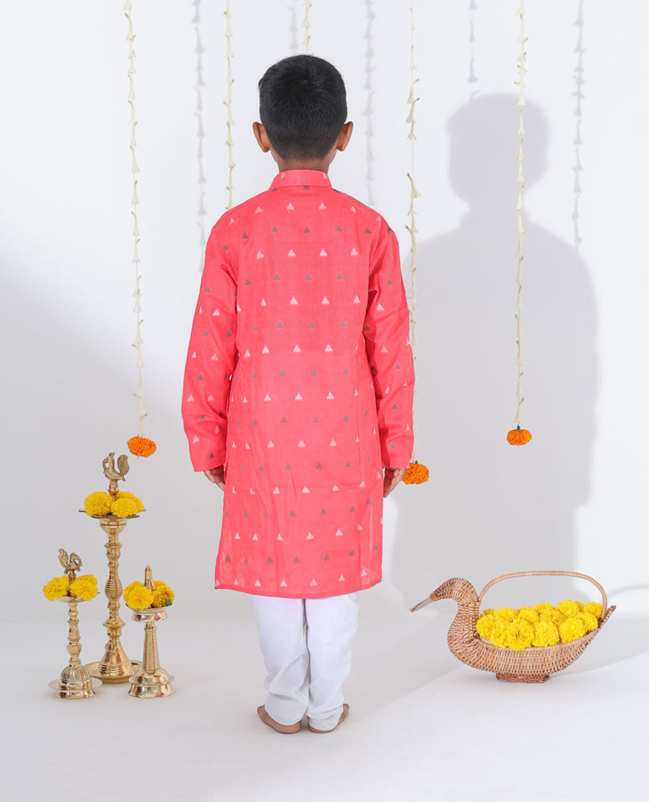 Pink triangle motifs full-sleeve raw-silk kurta with contrast pants