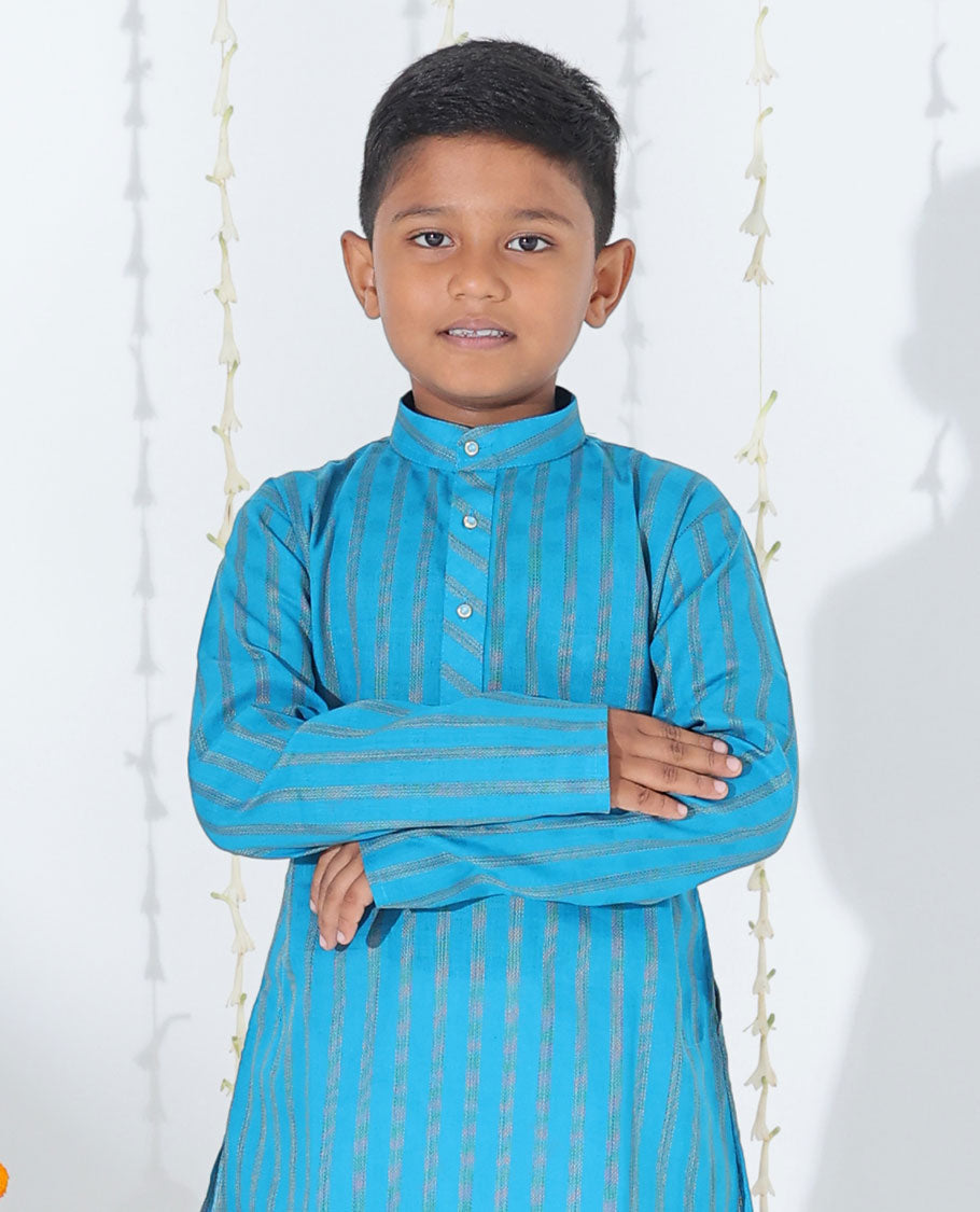 Blue striped full-sleeve raw-silk kurta with contrast pants