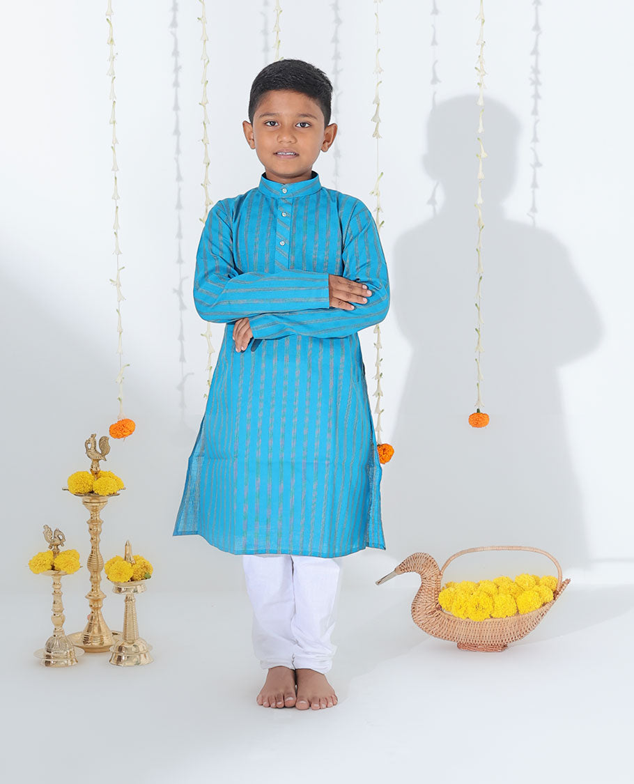 Blue striped full-sleeve raw-silk kurta with contrast pants