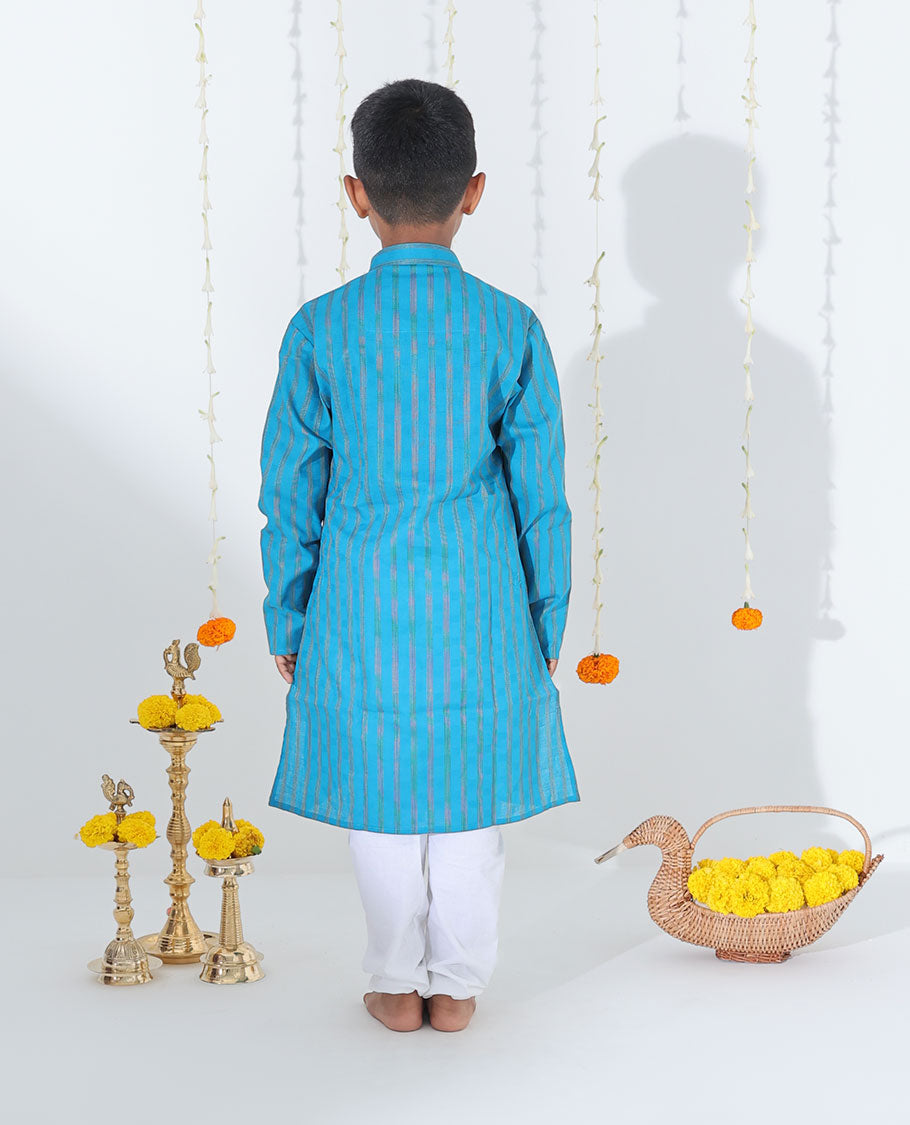 Blue striped full-sleeve raw-silk kurta with contrast pants