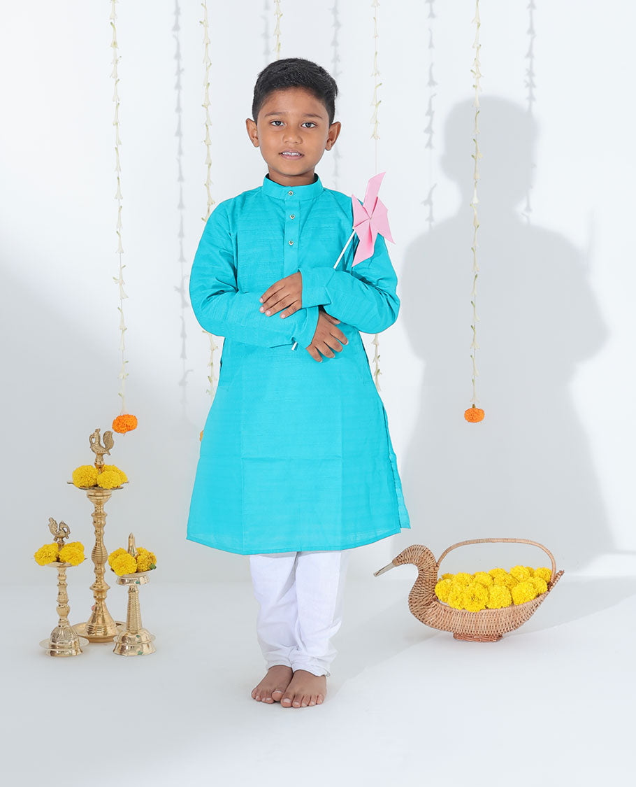 Blue solid design full-sleeve cotton kurta with contrast pants