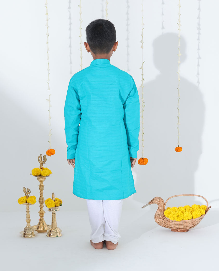 Blue solid design full-sleeve cotton kurta with contrast pants