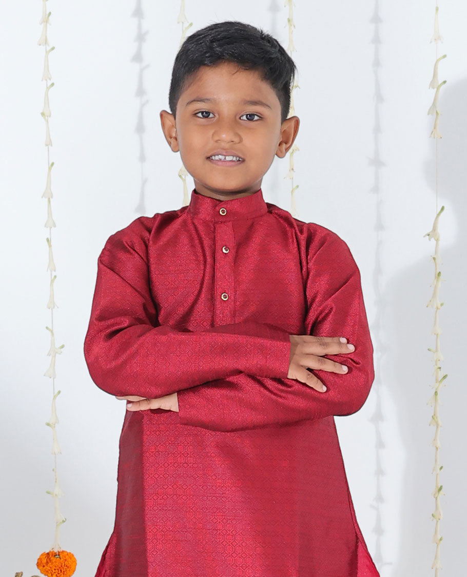Maroon Embossed Full-Sleeve cotton Kurta with Contrast Pants