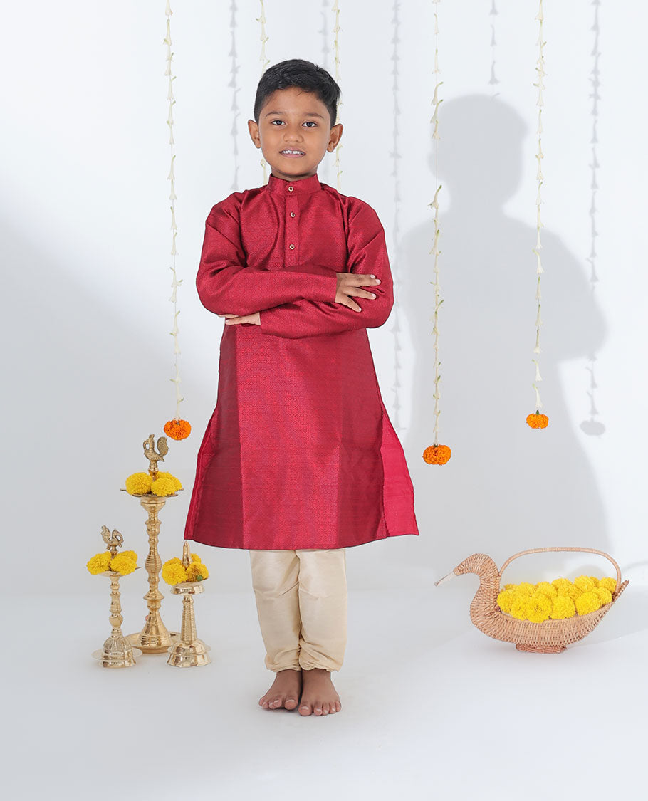 Maroon Embossed Full-Sleeve cotton Kurta with Contrast Pants