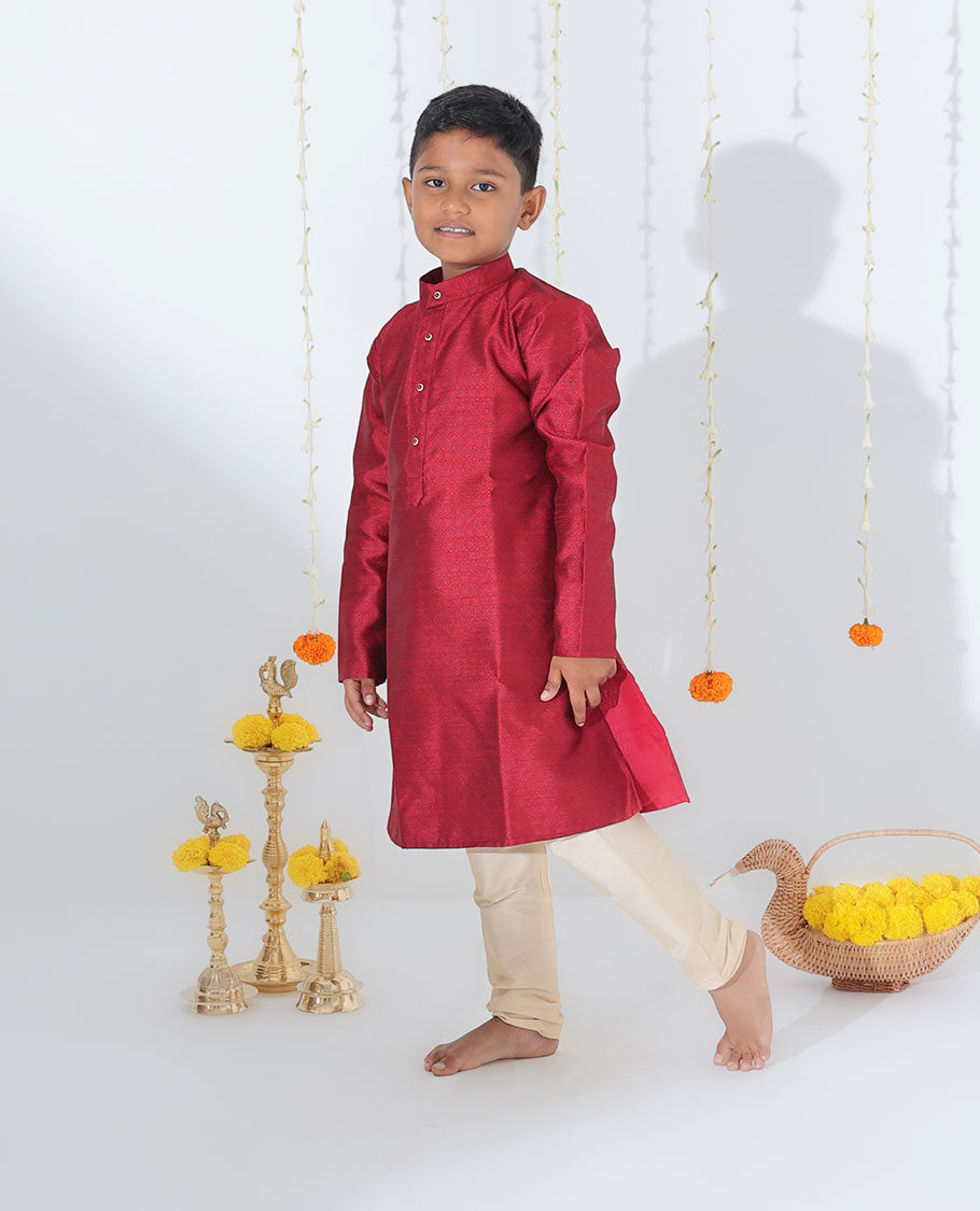 Maroon Embossed Full-Sleeve cotton Kurta with Contrast Pants