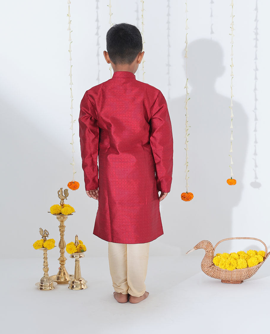 Maroon Embossed Full-Sleeve cotton Kurta with Contrast Pants