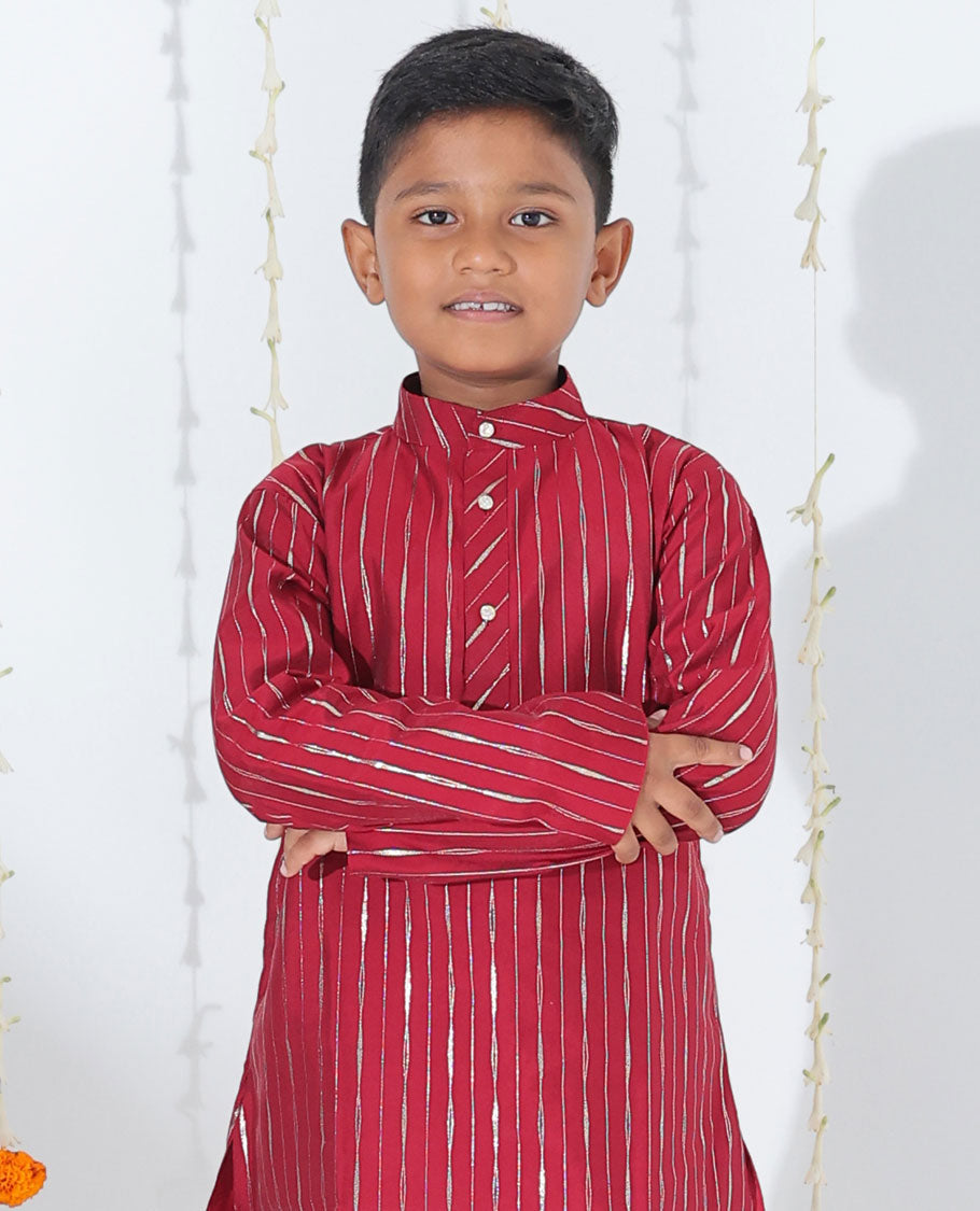 Maroon striped full-sleeve cotton kurta with contrast pants