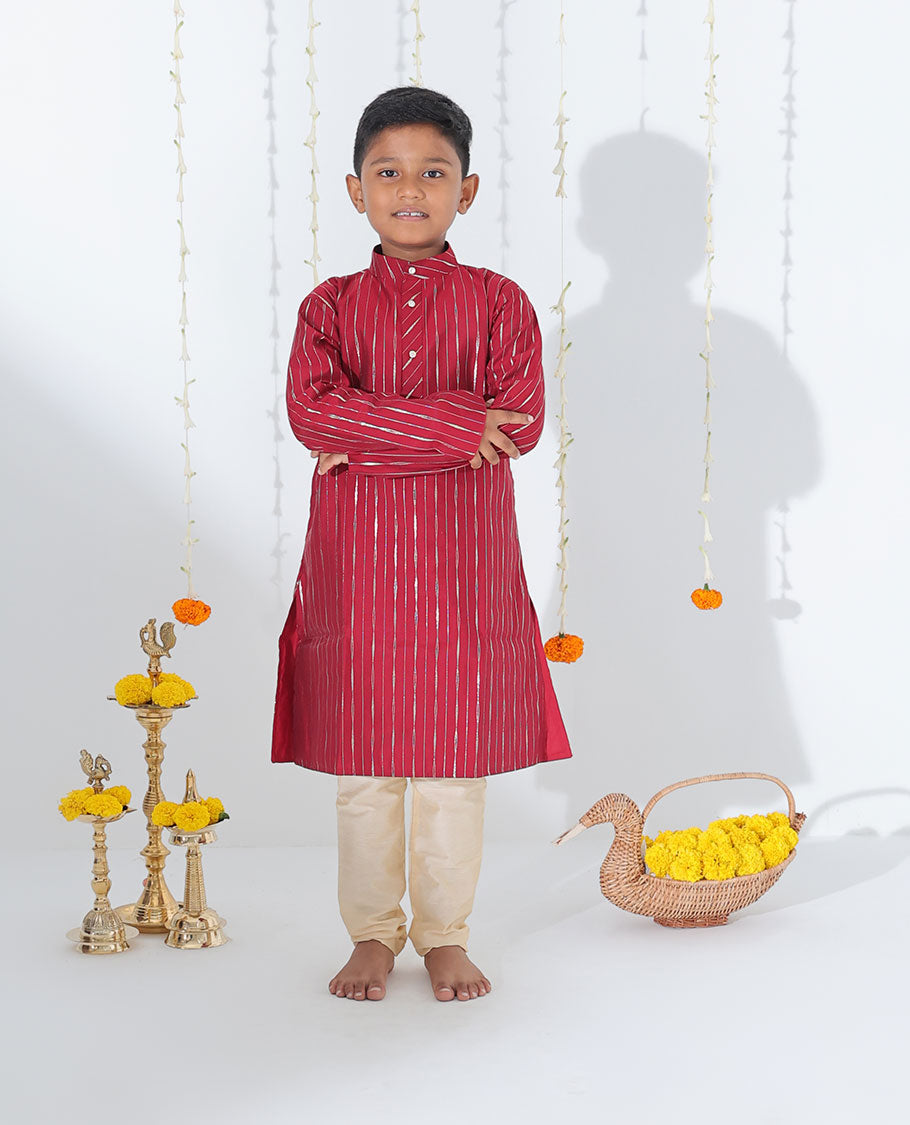 Maroon striped full-sleeve cotton kurta with contrast pants