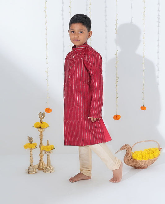 Maroon striped full-sleeve cotton kurta with contrast pants