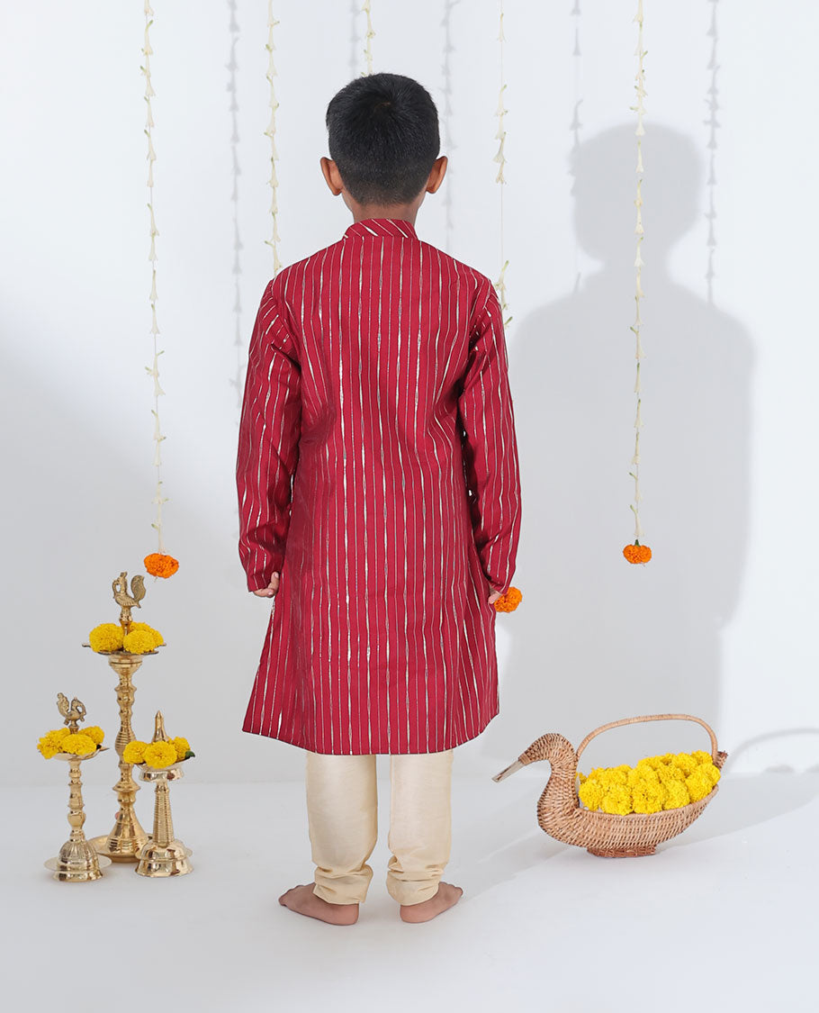 Maroon striped full-sleeve cotton kurta with contrast pants