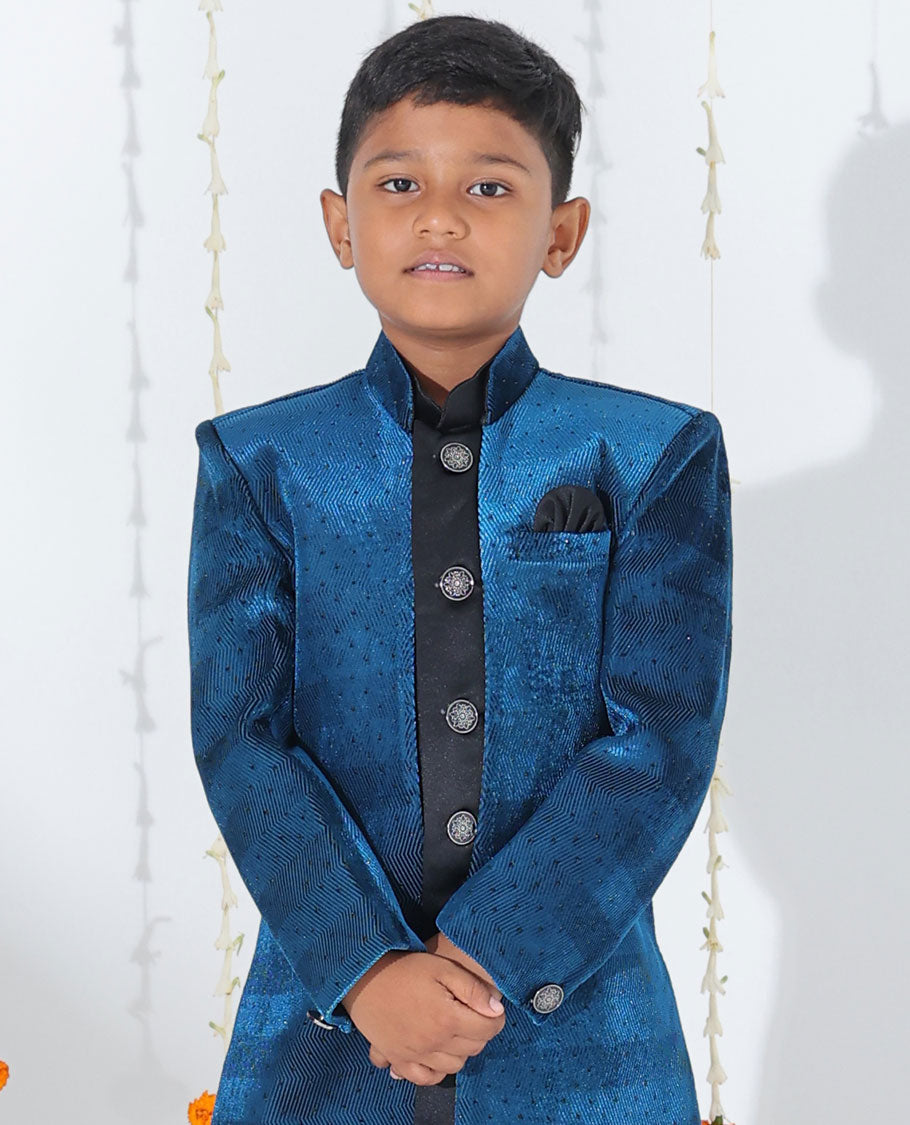 Blue sherwani set with solid kurta, contrast chevron textured stonework coat & matching pants