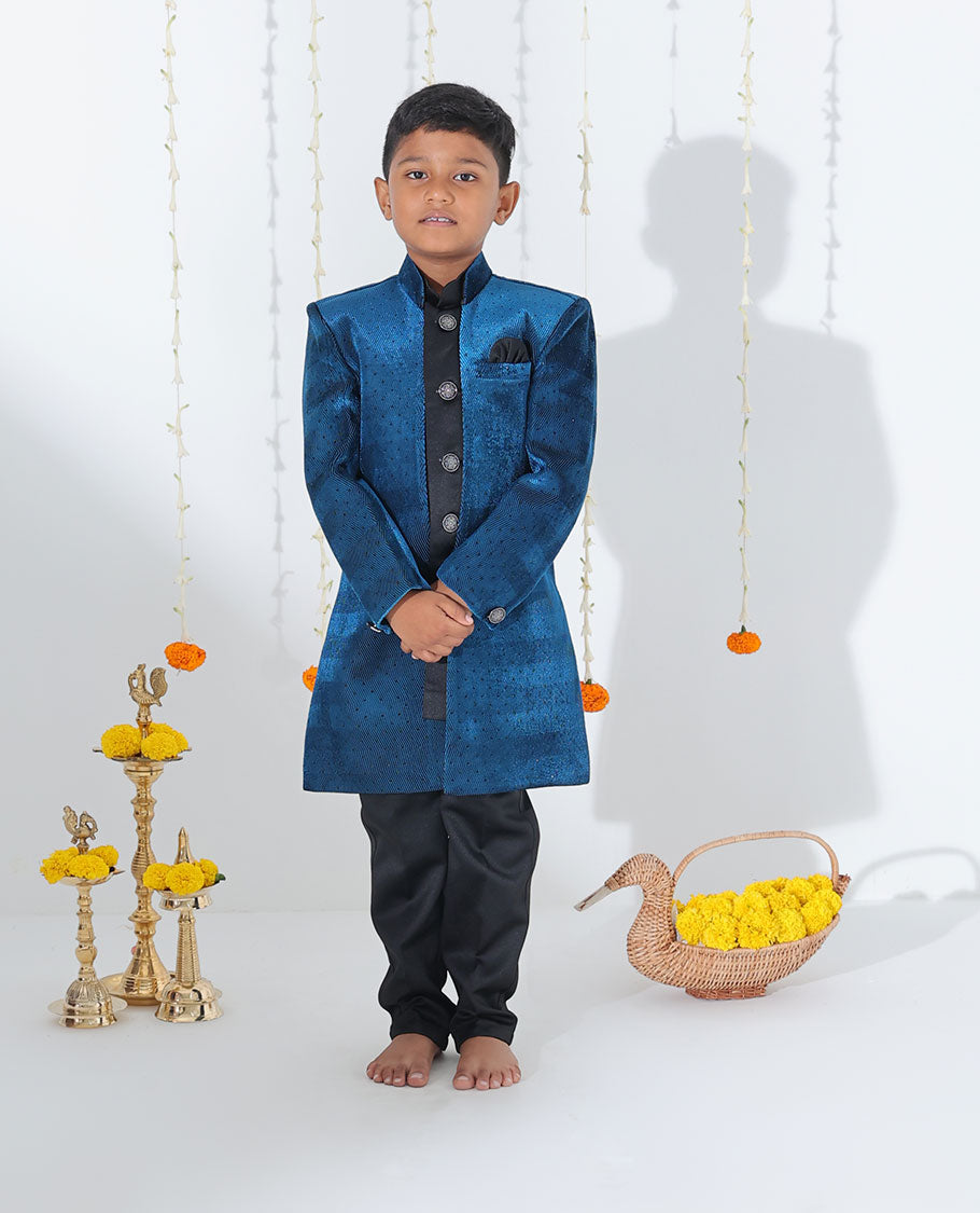 Blue sherwani set with solid kurta, contrast chevron textured stonework coat & matching pants