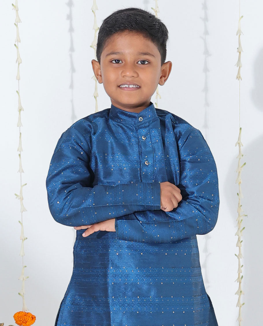 Blue embossed & glitter work full-sleeve cotton kurta with contrast pants
