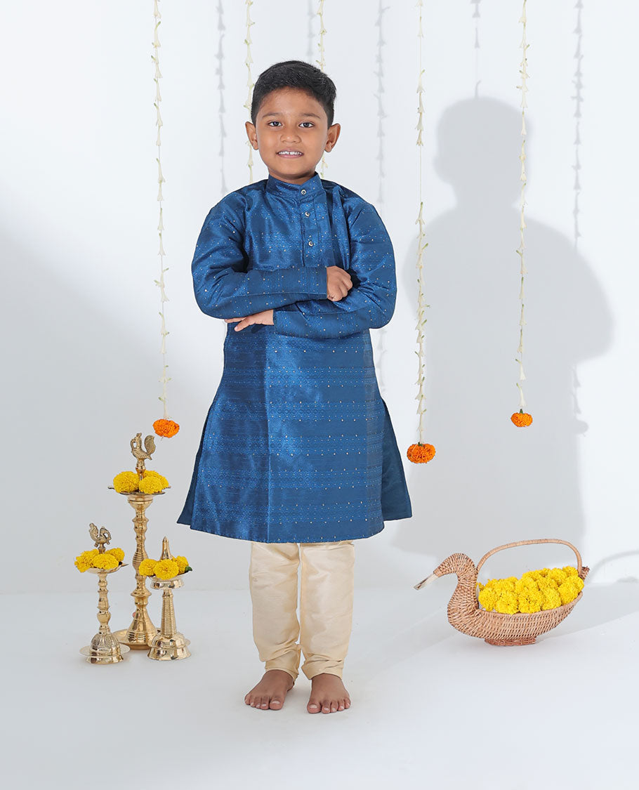 Blue embossed & glitter work full-sleeve cotton kurta with contrast pants