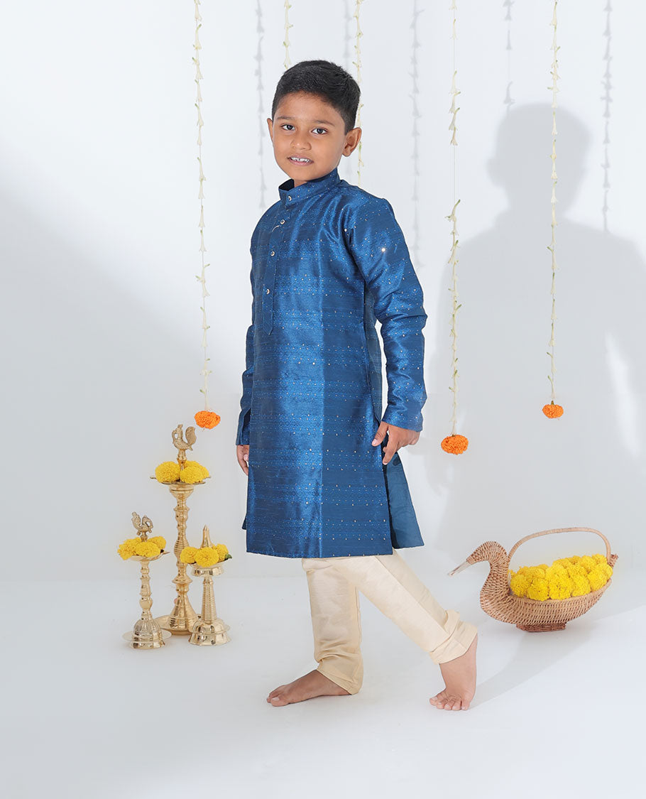 Blue embossed & glitter work full-sleeve cotton kurta with contrast pants