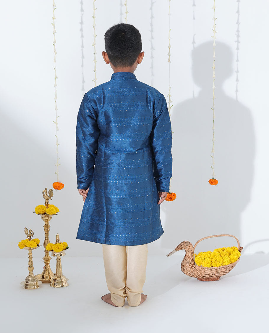 Blue embossed & glitter work full-sleeve cotton kurta with contrast pants