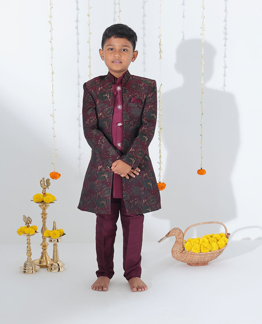 Maroon sherwani set with solid kurta, floral printed & glitter work coat with matching pants