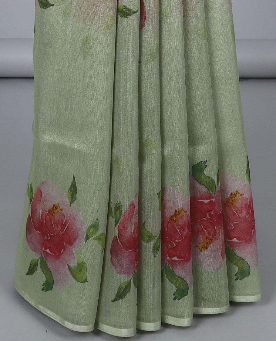 Borderless green rose flower motifs printed kamala silk saree, contrast plain blouse