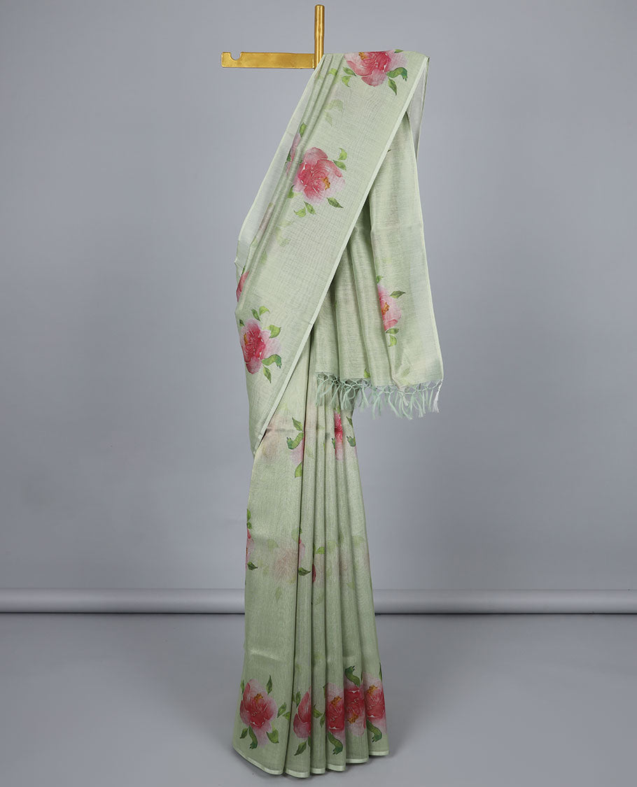 Borderless green rose flower motifs printed kamala silk saree, contrast plain blouse