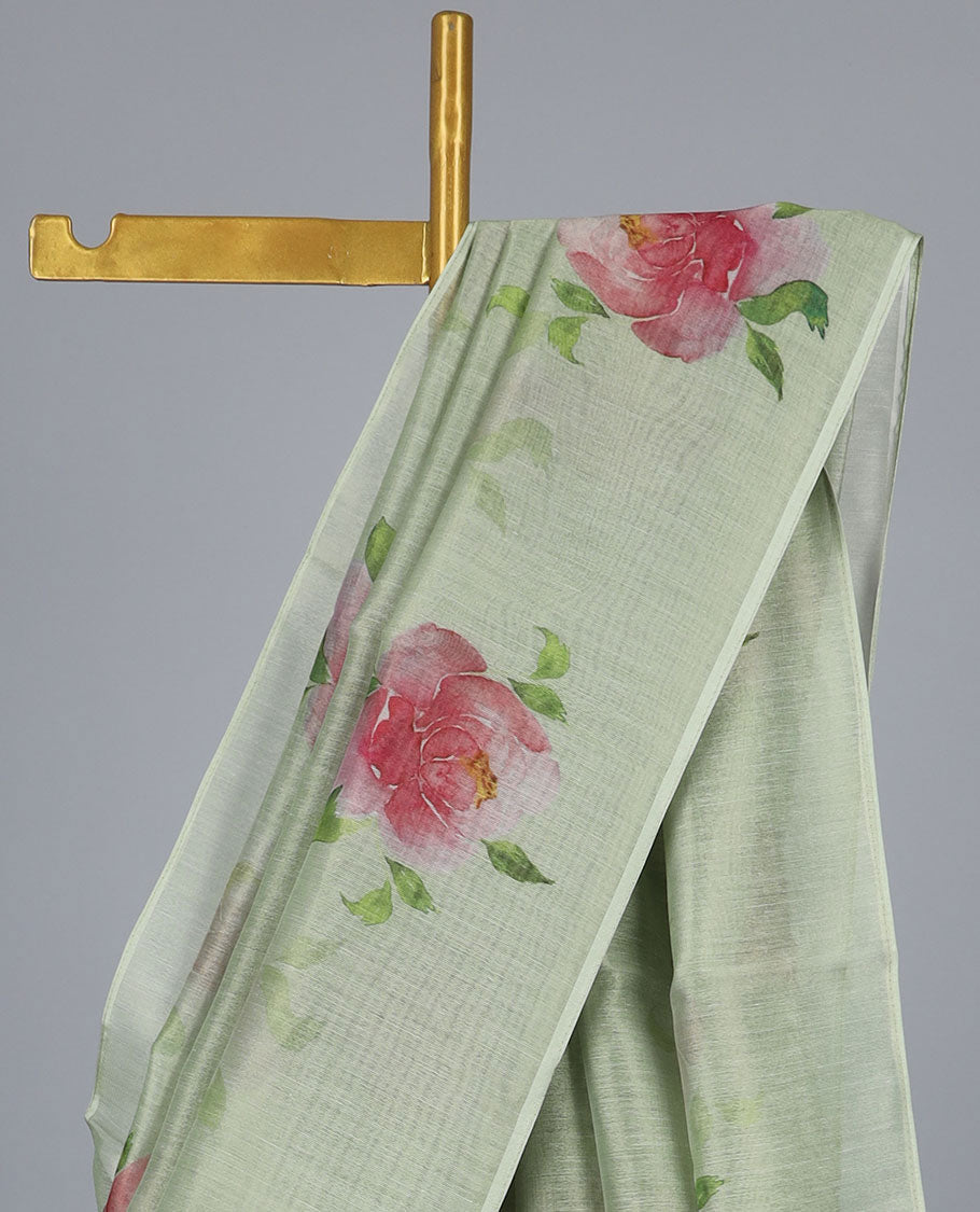 Borderless green rose flower motifs printed kamala silk saree, contrast plain blouse