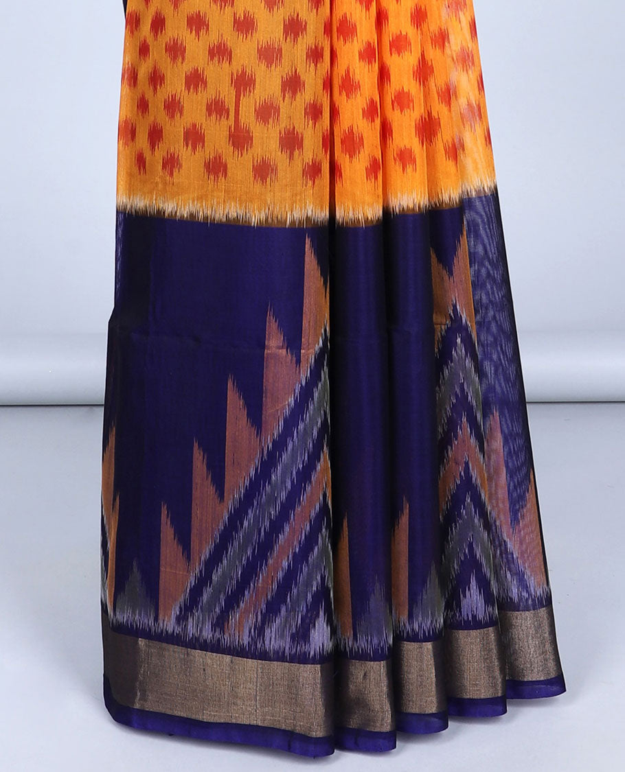 Orange ikkat buttas silk cotton saree, contrast vidarbha border & pallu of intricate ikkat designs