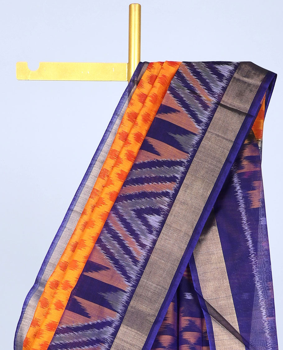 Orange ikkat buttas silk cotton saree, contrast vidarbha border & pallu of intricate ikkat designs