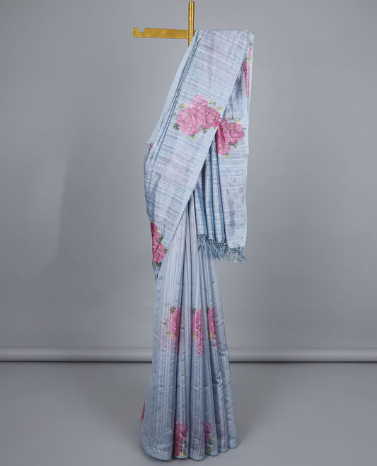 Borderless grey rose flower motifs printed kamala silk saree, contrast plain blouse