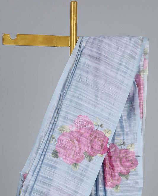 Borderless grey rose flower motifs printed kamala silk saree, contrast plain blouse