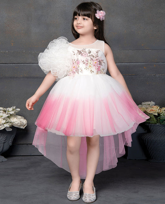 Pink floral-theme sequins embroidered net sleeveless asymmetrical-cut frock