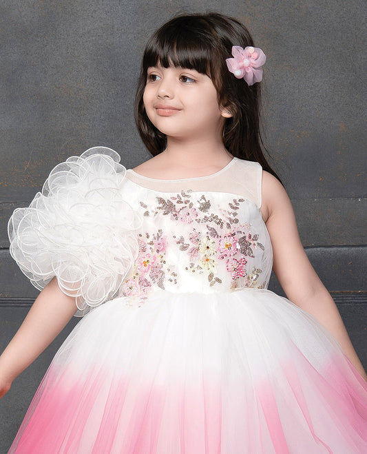 Pink floral-theme sequins embroidered net sleeveless asymmetrical-cut frock