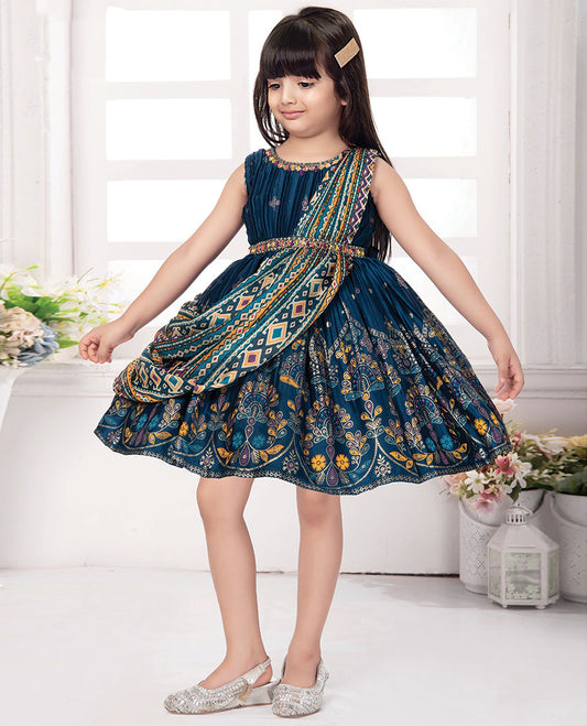 Blue intricately printed, glitter work & embroidered sleeveless frock with embroidered belt and attached printed dupatta