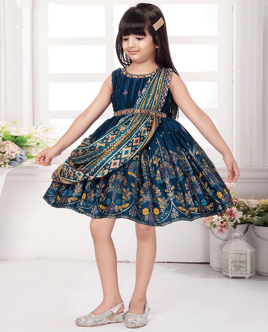 Blue intricately printed, glitter work embroidered sleeveless frock