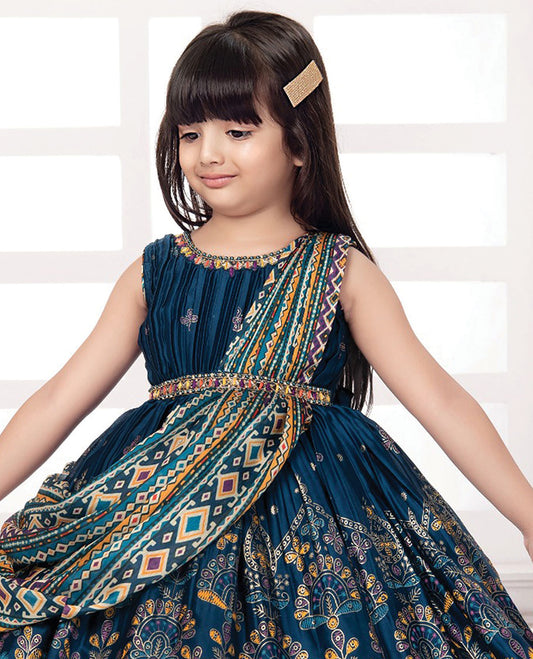 Blue intricately printed, glitter work & embroidered sleeveless frock with embroidered belt and attached printed dupatta