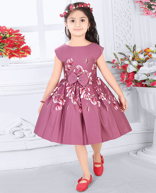 Pink floral motifs printed boat-neck knee-length frock