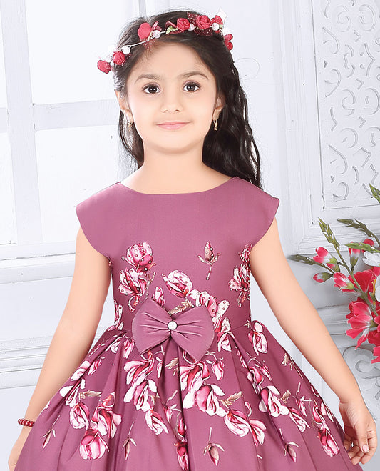 Pink floral motifs printed boat-neck knee-length frock