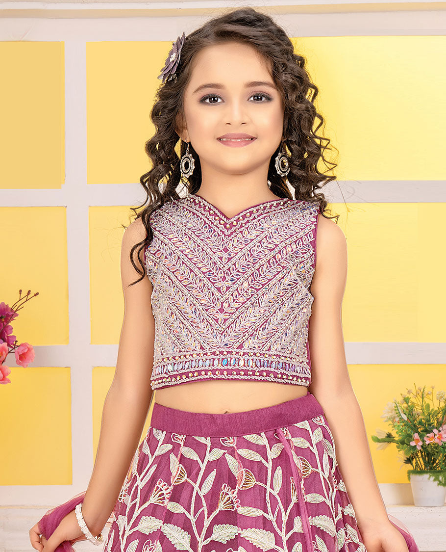 Pink net cholly set, floral vine embroidered full-length skirt, sleeveless v-neck embroidered crop top & net dupatta