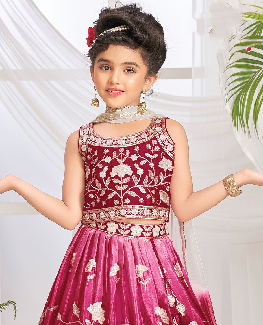 Maroon cholly set,floral vine embroidery full-length skirt,sleeveless roundneck embroidery crop top & dual-color dupatta