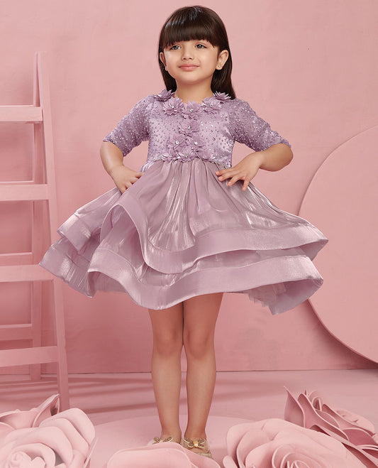 Lavender sequins embroidered & net flower motifs high-neck above-knee elbow-sleeve frock