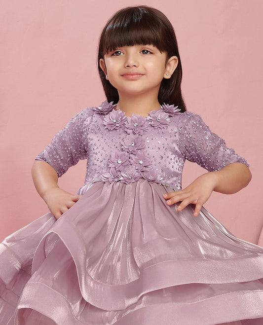 Lavender sequins embroidered & net flower motifs high-neck above-knee elbow-sleeve frock