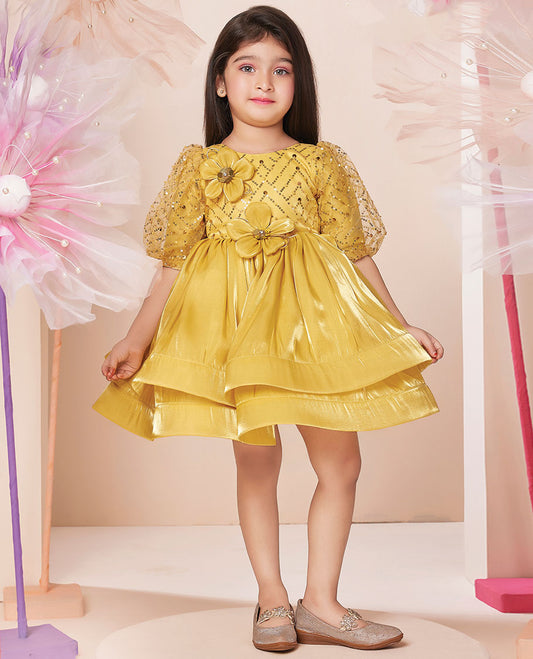 Yellow sequins embroidered & flower motifs boat-neck above-knee puff-elbow-sleeve frock