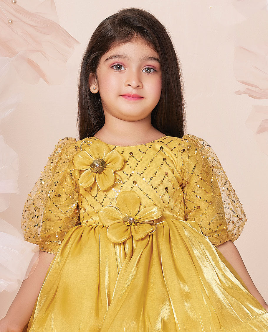 Yellow sequins embroidered & flower motifs boat-neck above-knee puff-elbow-sleeve frock