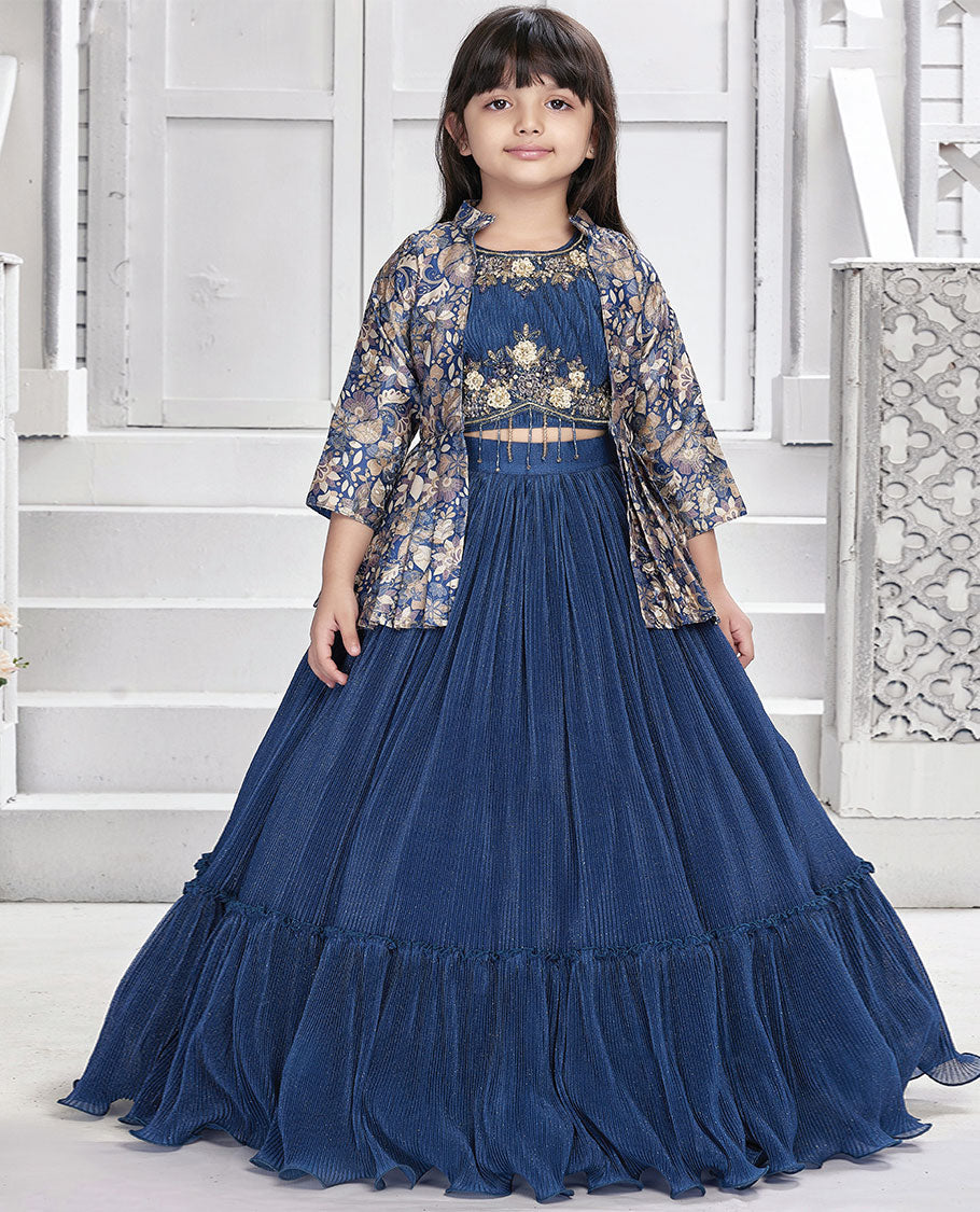 Blue cholly set, glitter work full-length skirt, mixed embroidery crop top & floral printed 3/4th sleeve short shrug