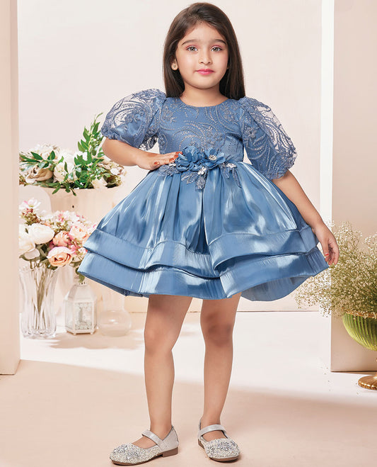 Blue sequins embroidered & flower motifs boat-neck above-knee puff-elbow-sleeve frock