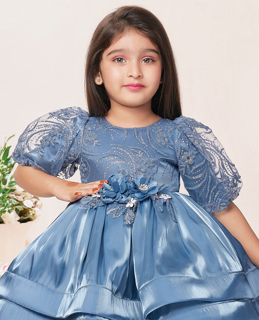 Blue sequins embroidered & flower motifs boat-neck above-knee puff-elbow-sleeve frock