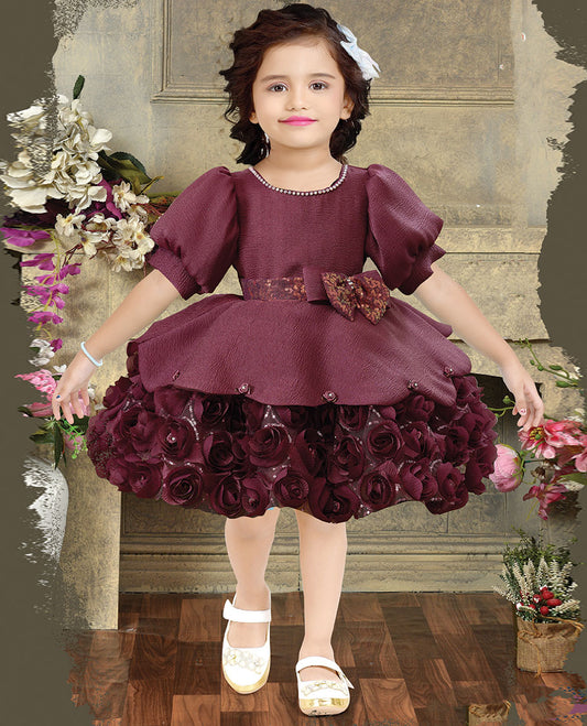 Maroon sequins embroidered round-neck puff-sleeve frock