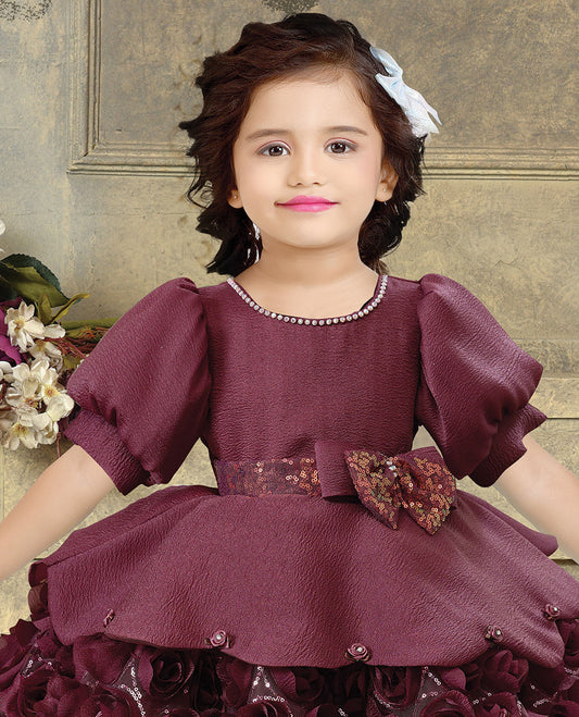 Maroon sequins embroidered round-neck puff-sleeve frock