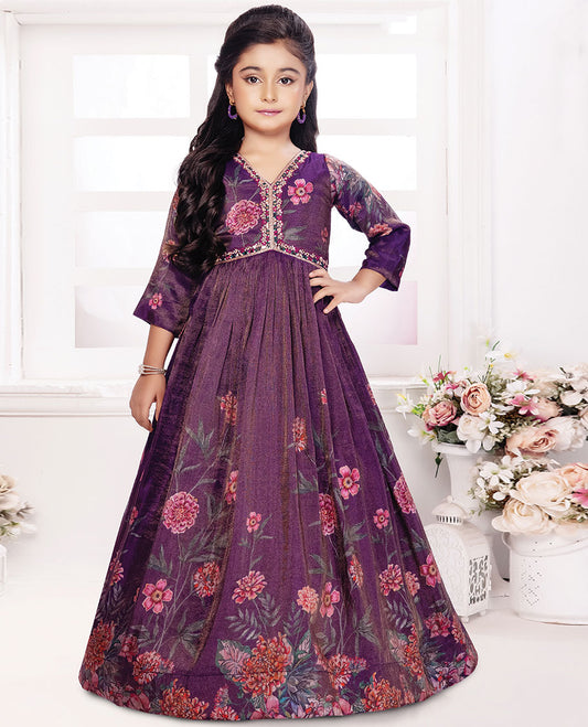 Purple floral printed & embroidered alia-neck 3/4th sleeve gown