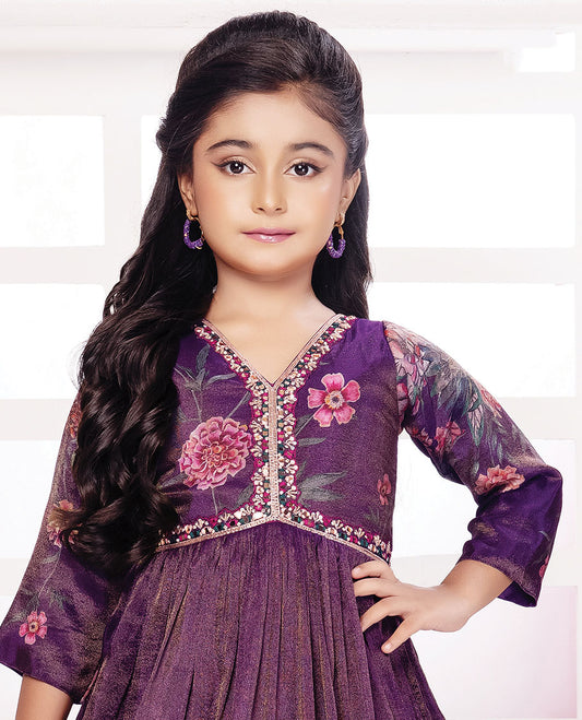 Purple floral printed & embroidered alia-neck 3/4th sleeve gown