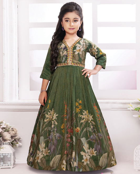Green tropical floral printed & embroidered alia-neck 3/4th sleeve gown